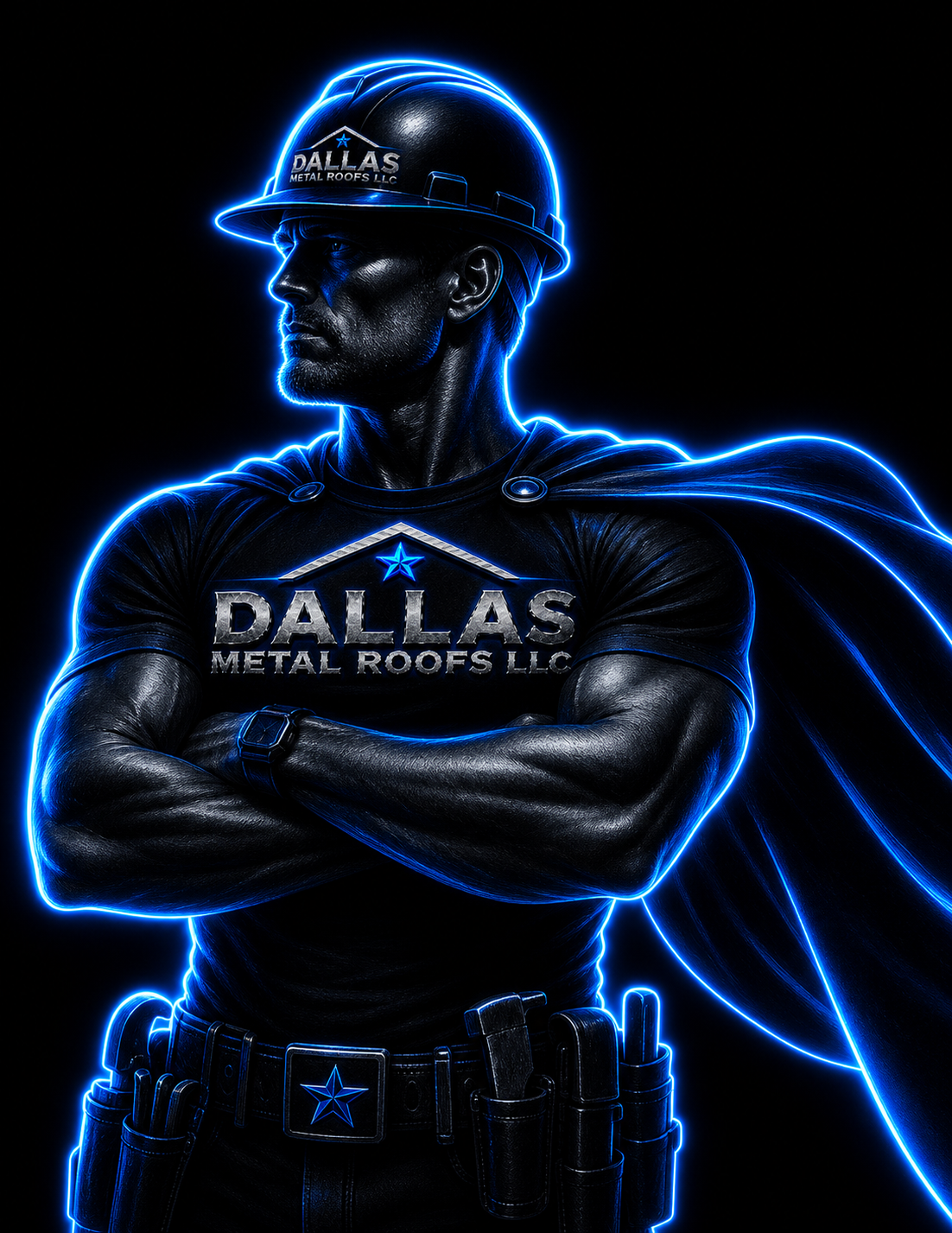 Dallas Metal Roofs superhero roofer with blue neon outline