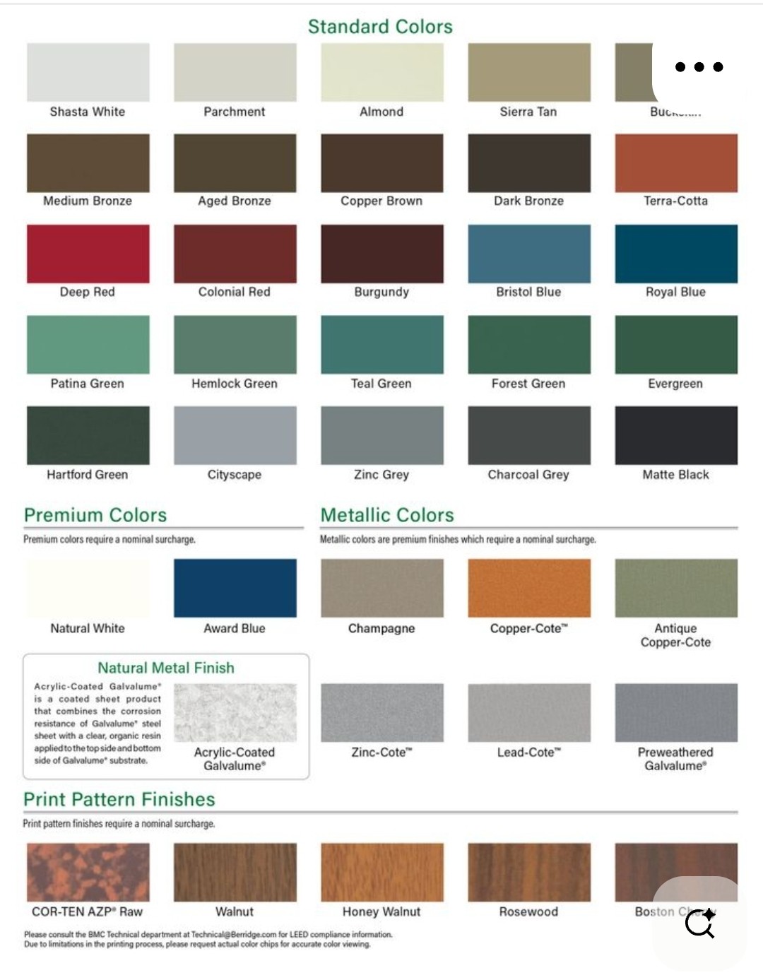 Berridge sheet metal color chart